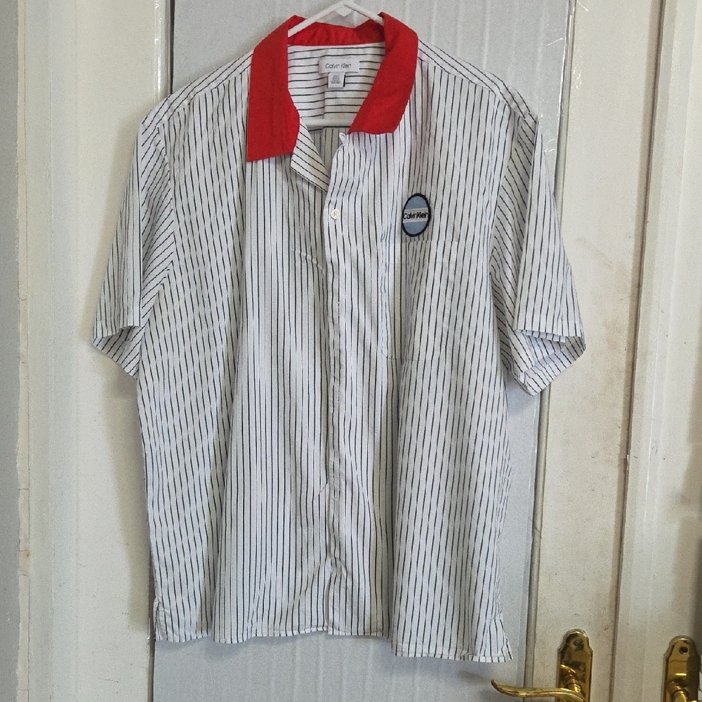 Vintage Calvin Klein Button Down Shirt XXL — White Striped with Red Coll [1067]